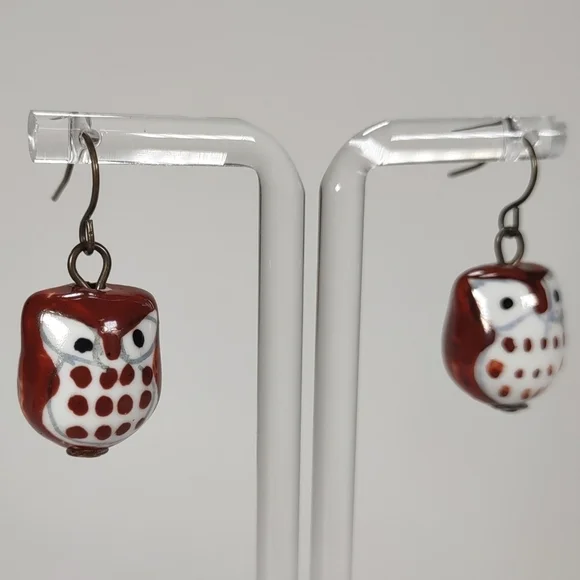 Handmade Cute Little Ceramic Bead Owl Fishhook Post Earrings - Picture 1 of 7